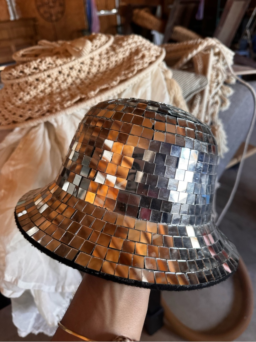 Silver Mosaic Sequin Bucket Hat y2k